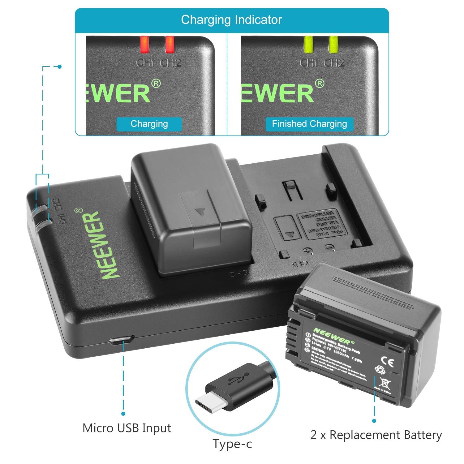 Neewer Vw Vbt190 Battery (2 Pack/1950Mah) And Dual Usb Charger Kit Compatible With Panasonic Hc V110 V130 V160 V180 Hc V201 V210